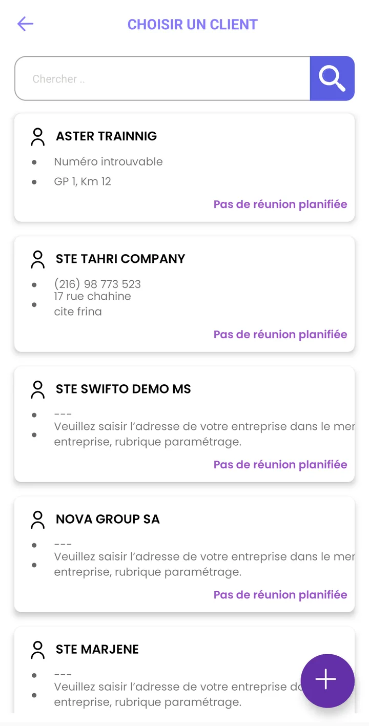 Écran « Choisir un client » de Swifto CRM Mobile
