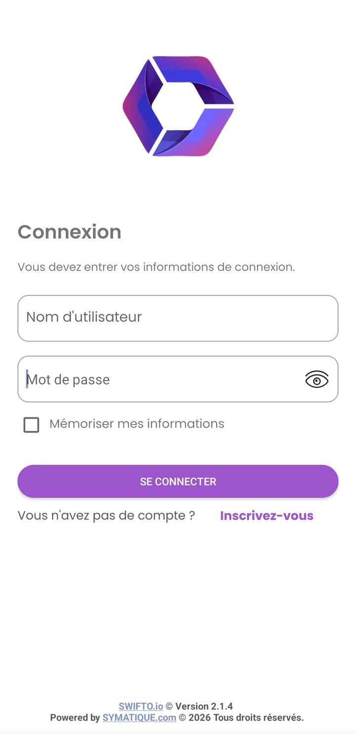 Écran de connexion de Swifto CRM Mobile