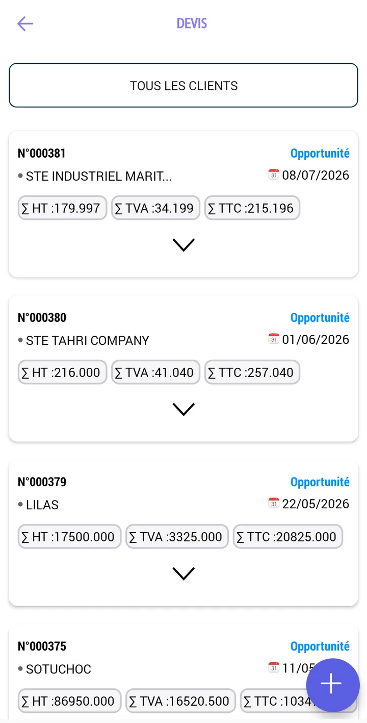 Liste des devis dans Swifto CRM Mobile