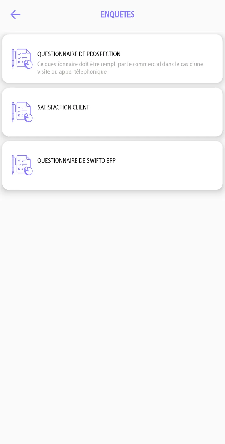 Liste des enquêtes dans Swifto CRM Mobile