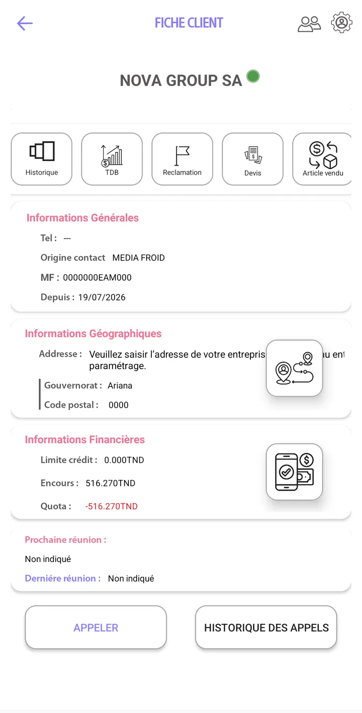 Fiche client dans Swifto CRM Mobile