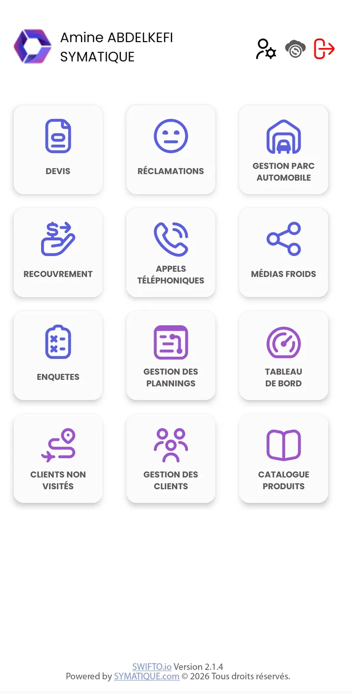 Menu principal de Swifto CRM Mobile