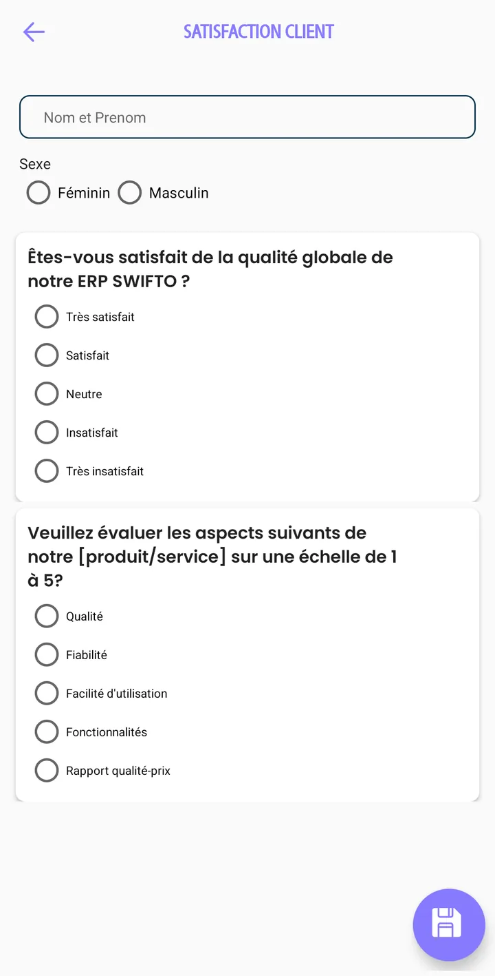 Questionnaire de satisfaction client dans Swifto CRM Mobile