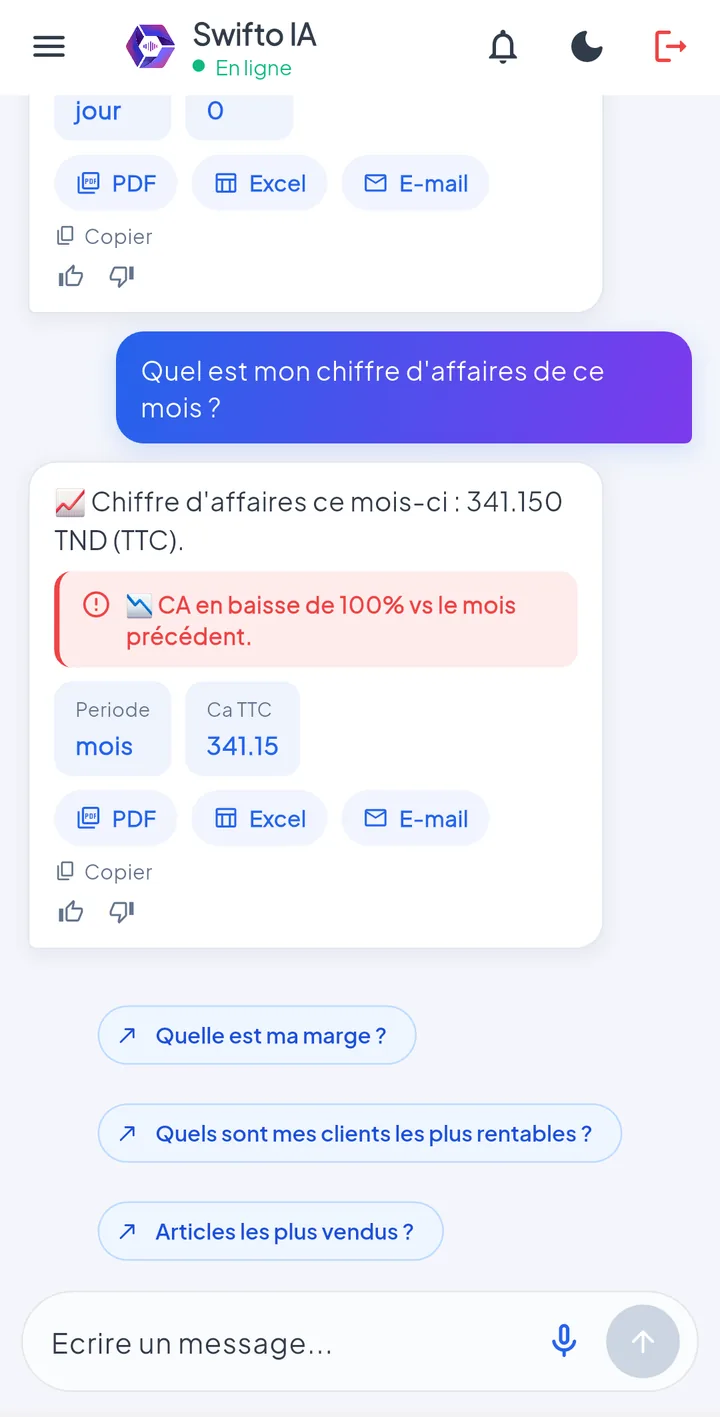 Boutons PDF, Excel et E-mail sous une réponse de Swifto IA