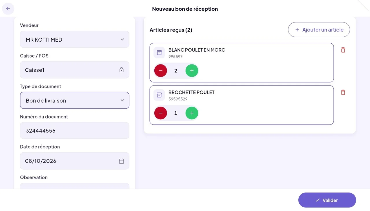 Nouveau bon de réception dans Swifto POS
