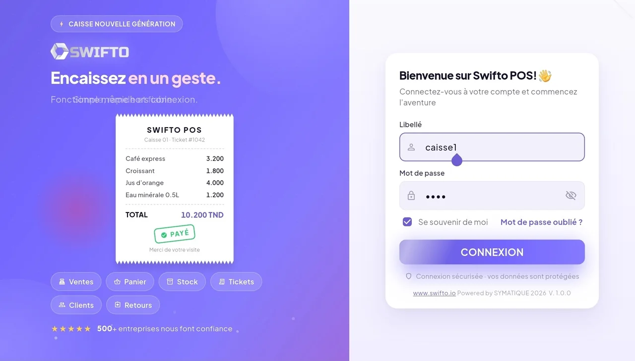 Écran de connexion de Swifto POS