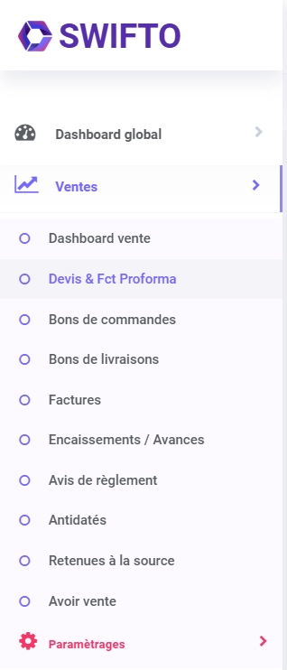 Accès au menu Devis du module Ventes