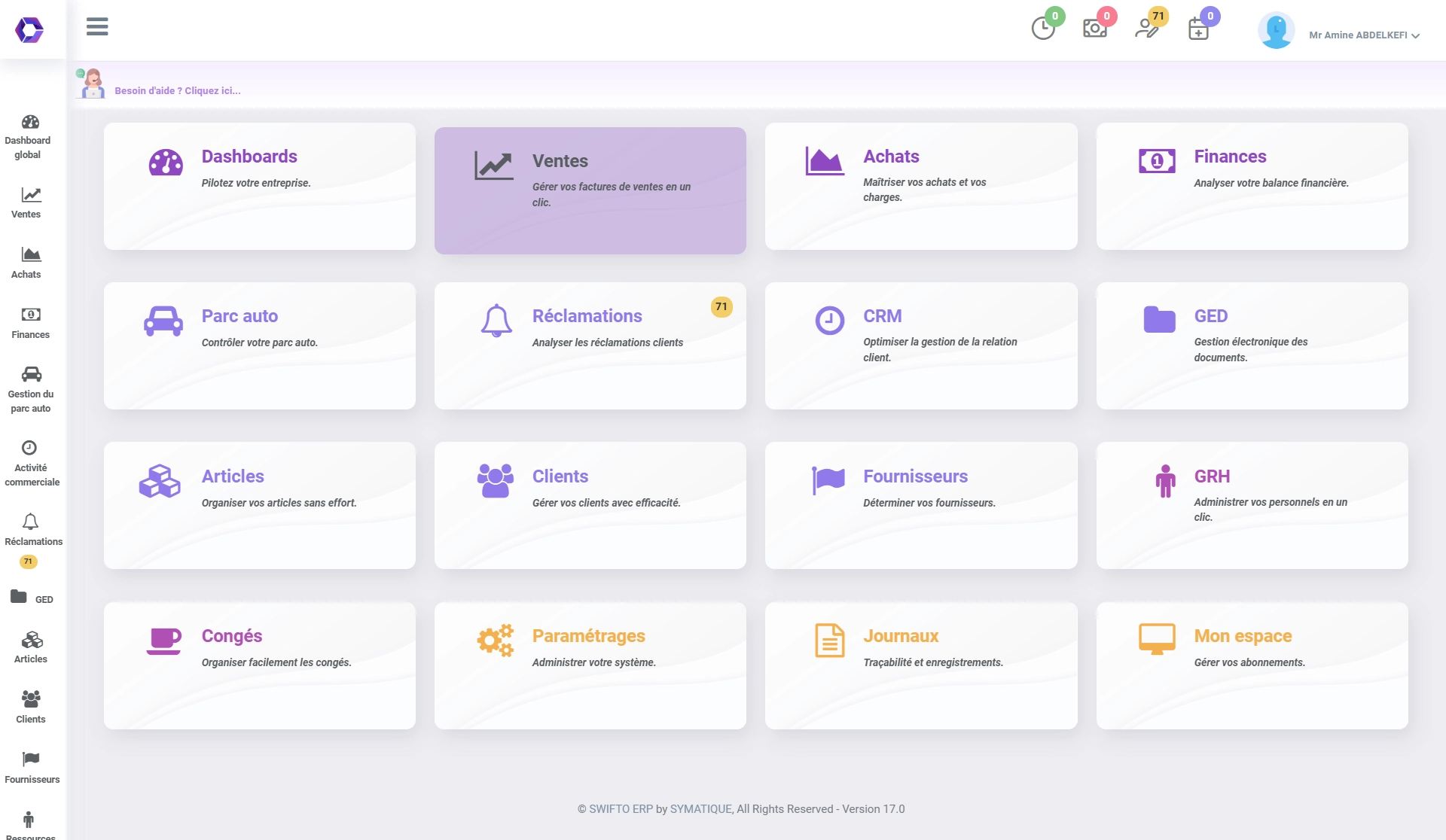 Le module Ventes dans le menu principal de Swifto ERP