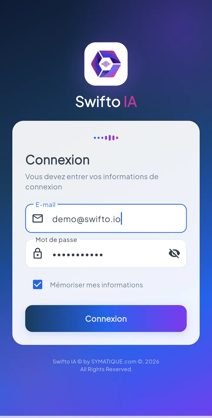 Swifto AI application login screen