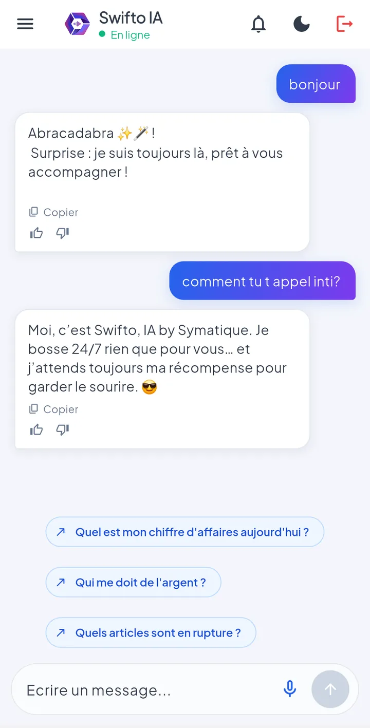 Conversation with the Swifto AI assistant