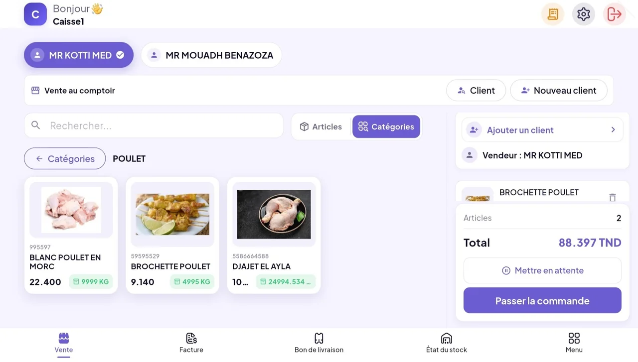 Swifto POS on a landscape tablet: sales screen and cart